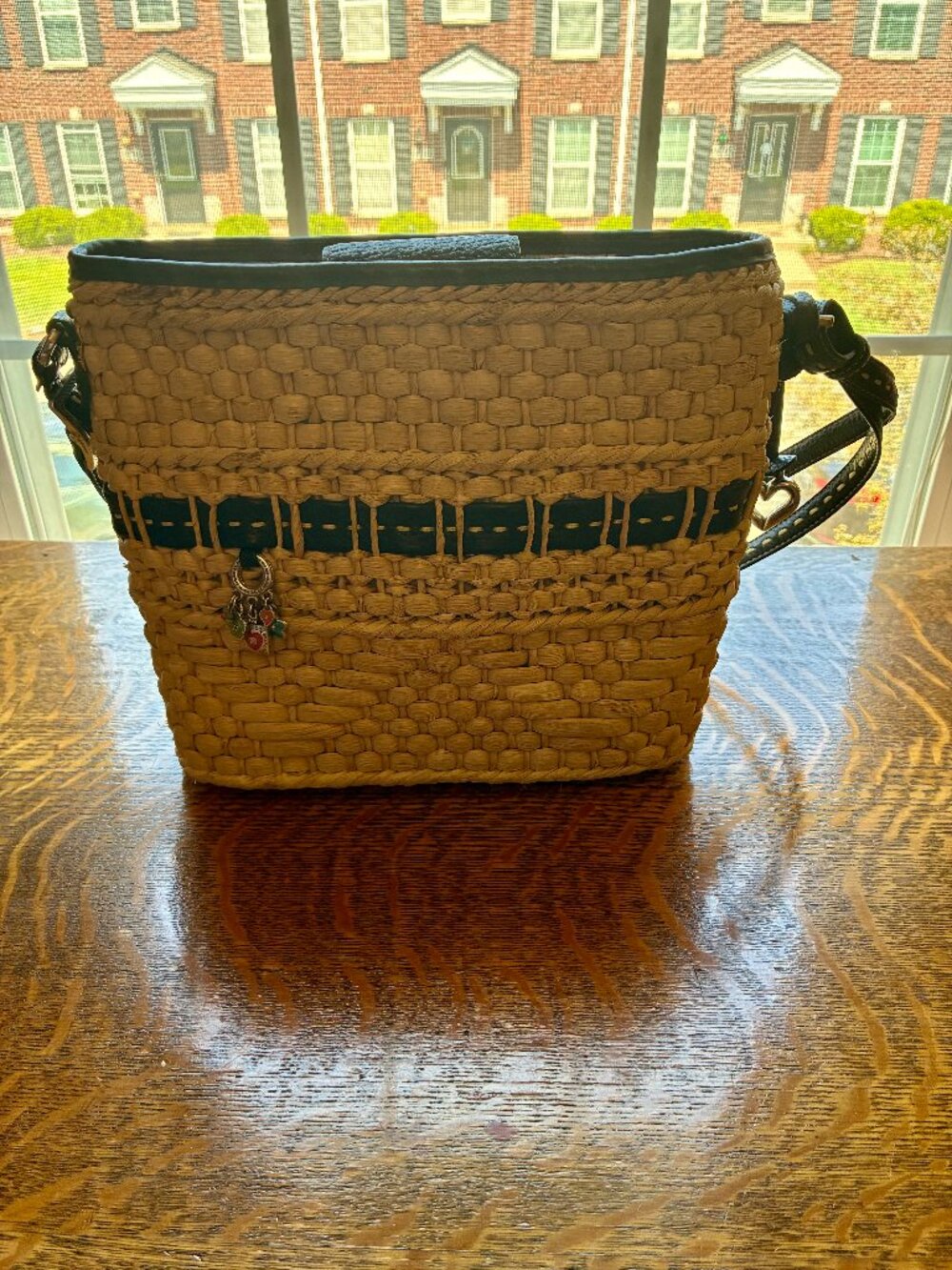 Brighton Woven Straw Crossbody with Black Leather Trim and Strap